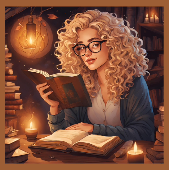 A cartoonish portrait of a woman with glasses and curly big blonde hair reading in a cozy study with candles